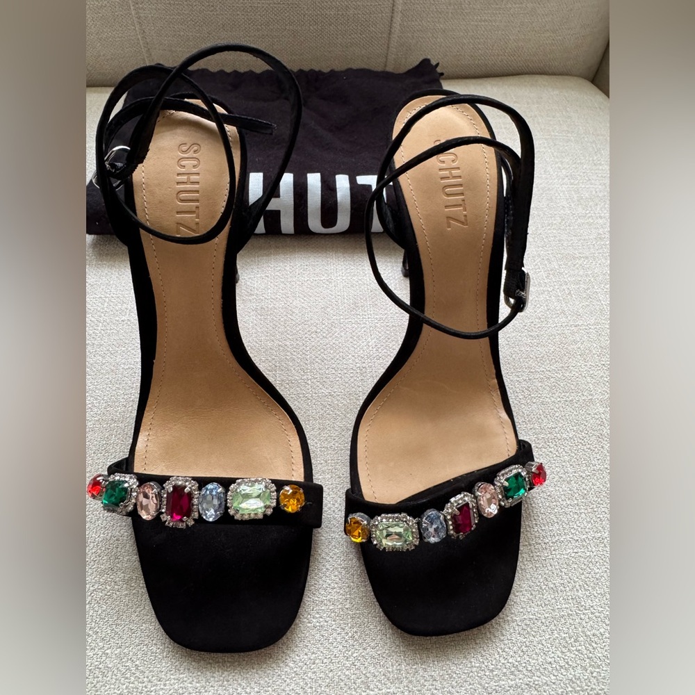 SCHUTZ Adiva Black Heels with Multicolored Gem Embellishments